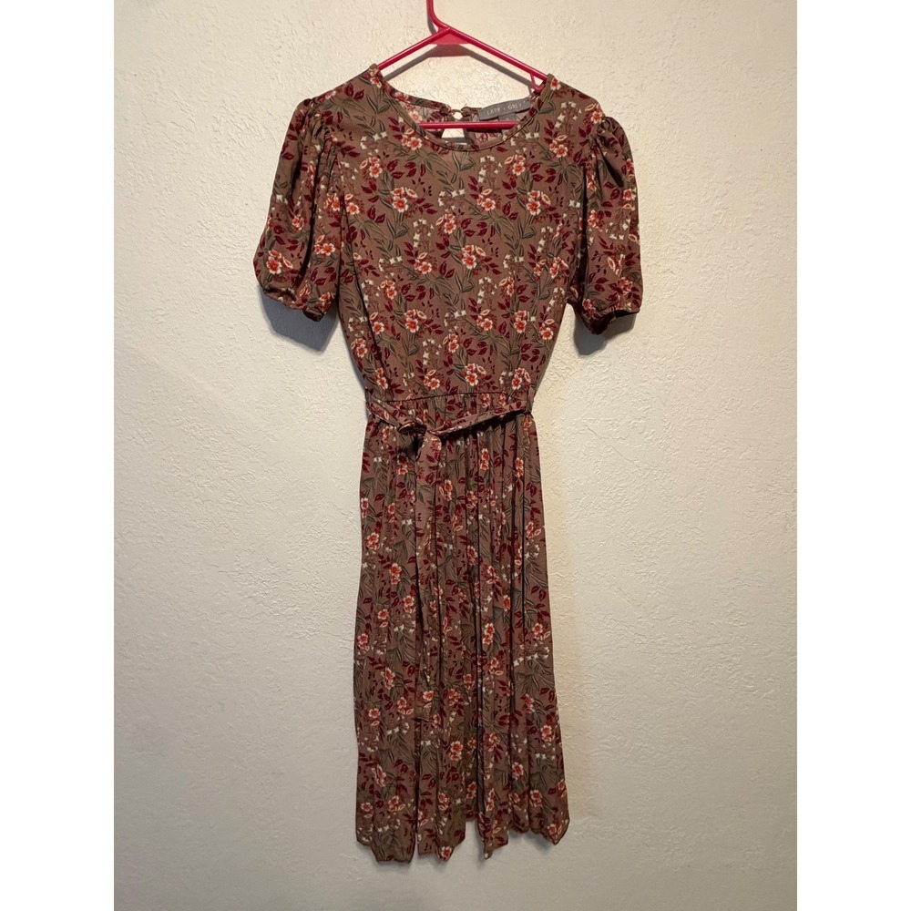 Lark & Grey Floral Puff Sleeve Midi Dress Mauve XL Short Sleeve Belted Crew Neck